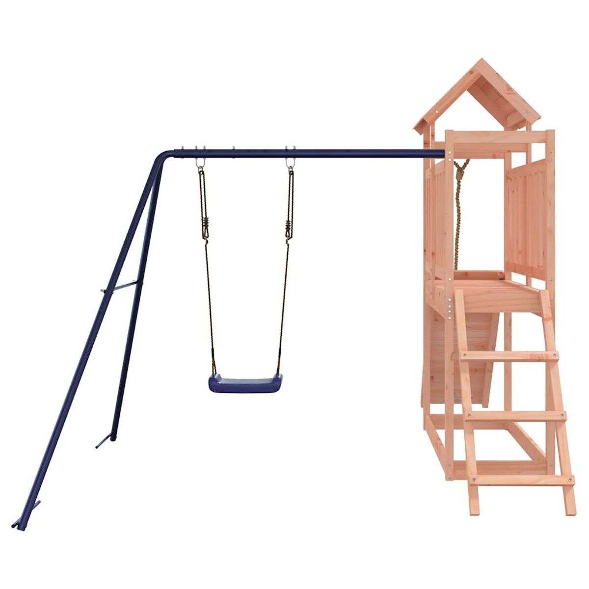 Ein Schaukelgestell mit einer blauen Schaukel und einer Holzspielhausstruktur.
