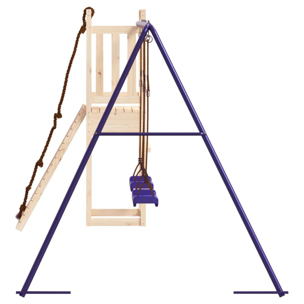 Ein lila Schaukelgerüst mit einer Holzleiter und einer blauen Schaukel. Der Hintergrund ist weiß.