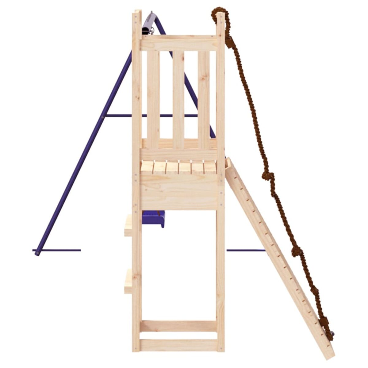 Holzspielplatz mit Leiter, Seil, Rutsche und lila Tragstruktur.