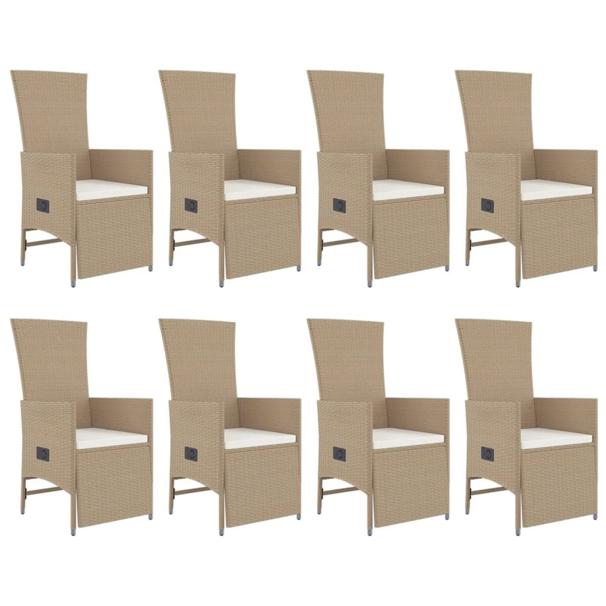 Acht beige Korbstühle mit hohen Rückenlehnen und Armlehnen. Sie stehen auf weißem Hintergrund.