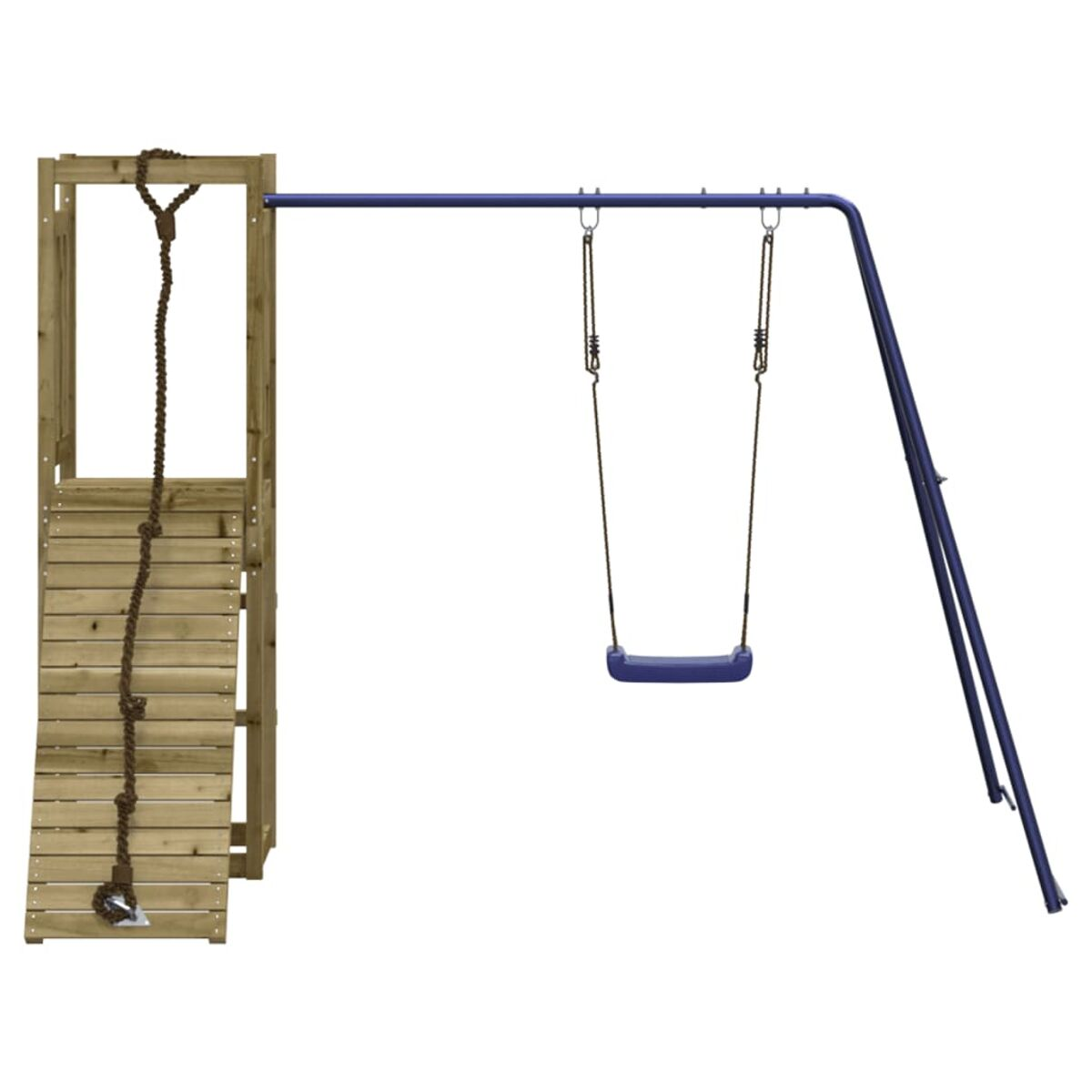Spielplatz aus Holz mit Schaukel und Kletterseil, mit blauem Rahmen.
