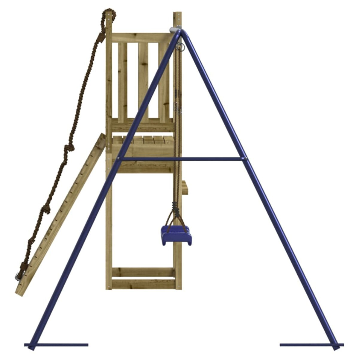 Holzspielplatz mit Schaukel, Leiter und Kletterwand, blauer Schaukelsitz, auf weißem Hintergrund.