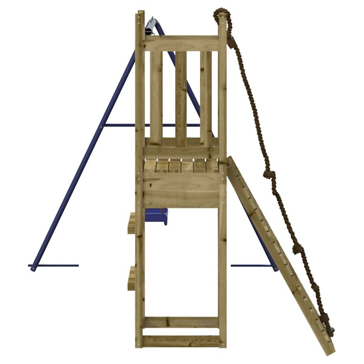 Spielplatz aus Holz mit Leiter, Rutsche, Seil und blauem Schaukelgestell.