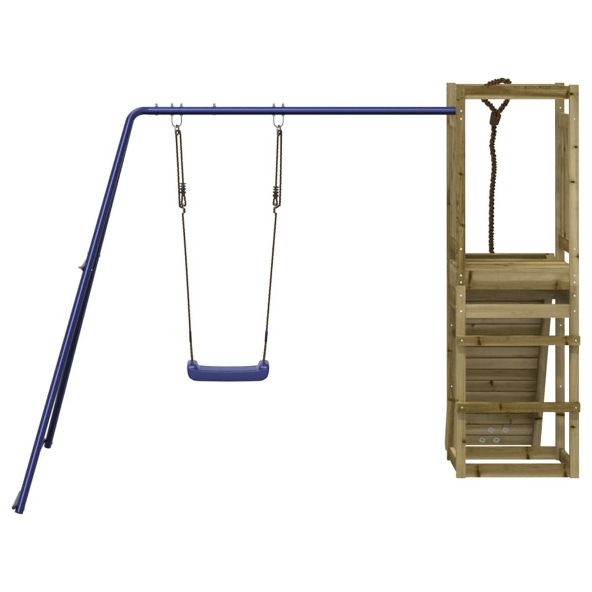 Blaues und metallenes Schaukelgerüst mit blauer Schaukel, Holzkonstruktion und Strickleiter.