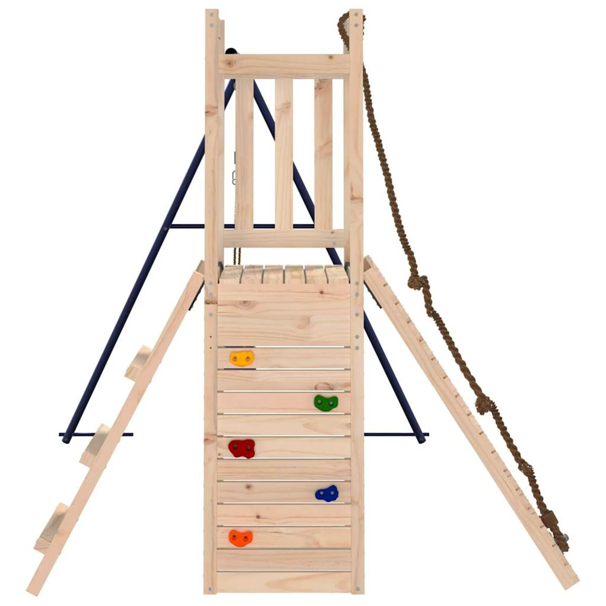 Ein Klettergerüst aus Holz mit Leiter, Kletterwand und Seil auf weißem Hintergrund.
