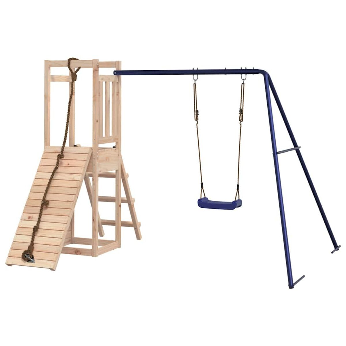 Ein Holzschaukelgerüst mit Rutsche, Strickleiter und zwei Schaukeln. Blaues Metallgestell.