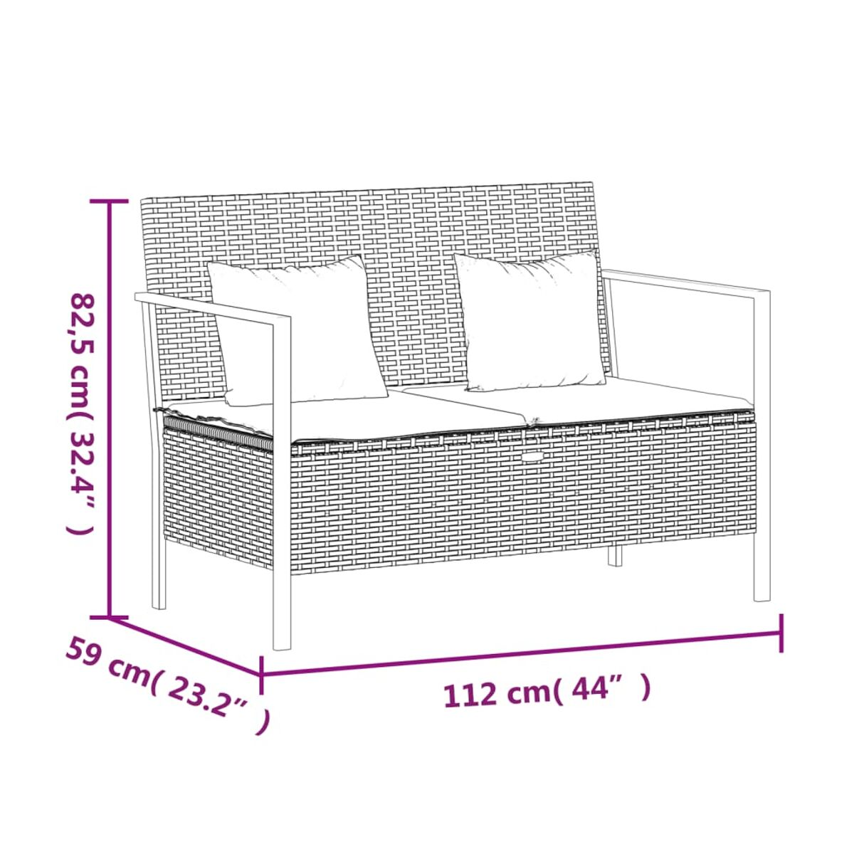 Ein Outdoor-Sofa aus Korbgeflecht mit Kissen. Abmessungen sind angegeben.