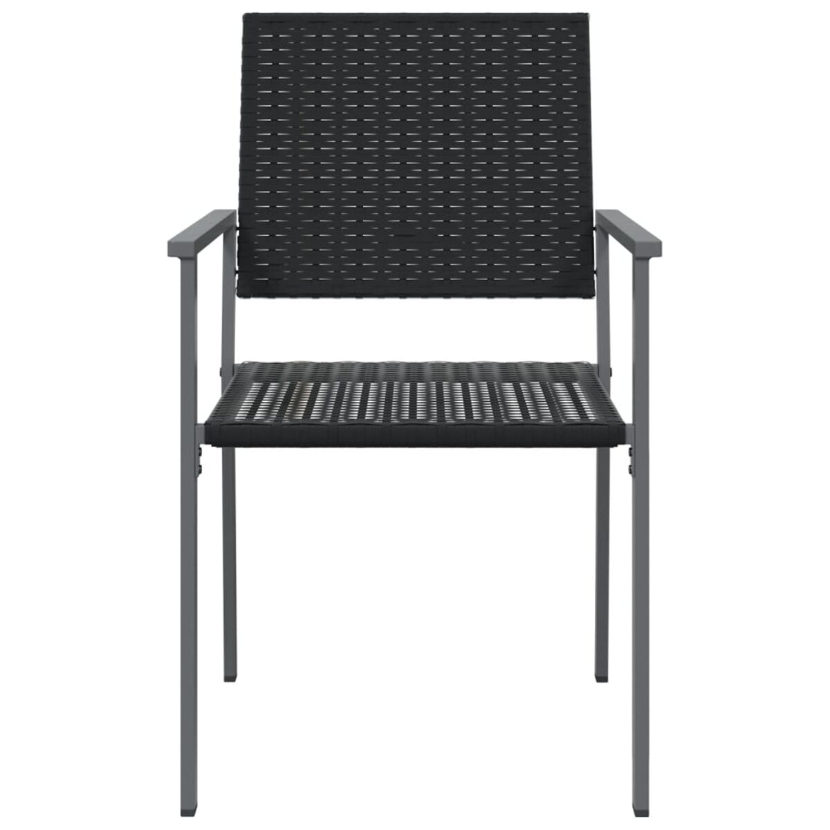 Schwarzer Outdoor-Stuhl aus Korbgeflecht mit grauem Metallrahmen, von vorne gesehen.