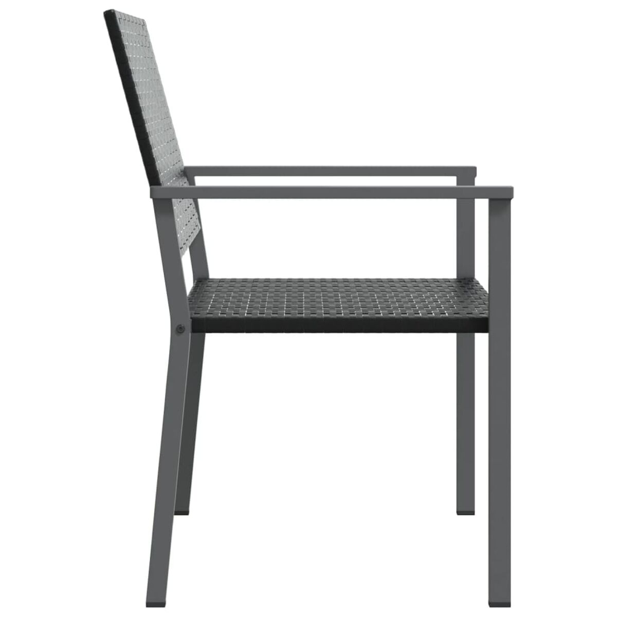Grauer Outdoor-Stuhl mit Armlehnen und einem schwarzen Sitz.