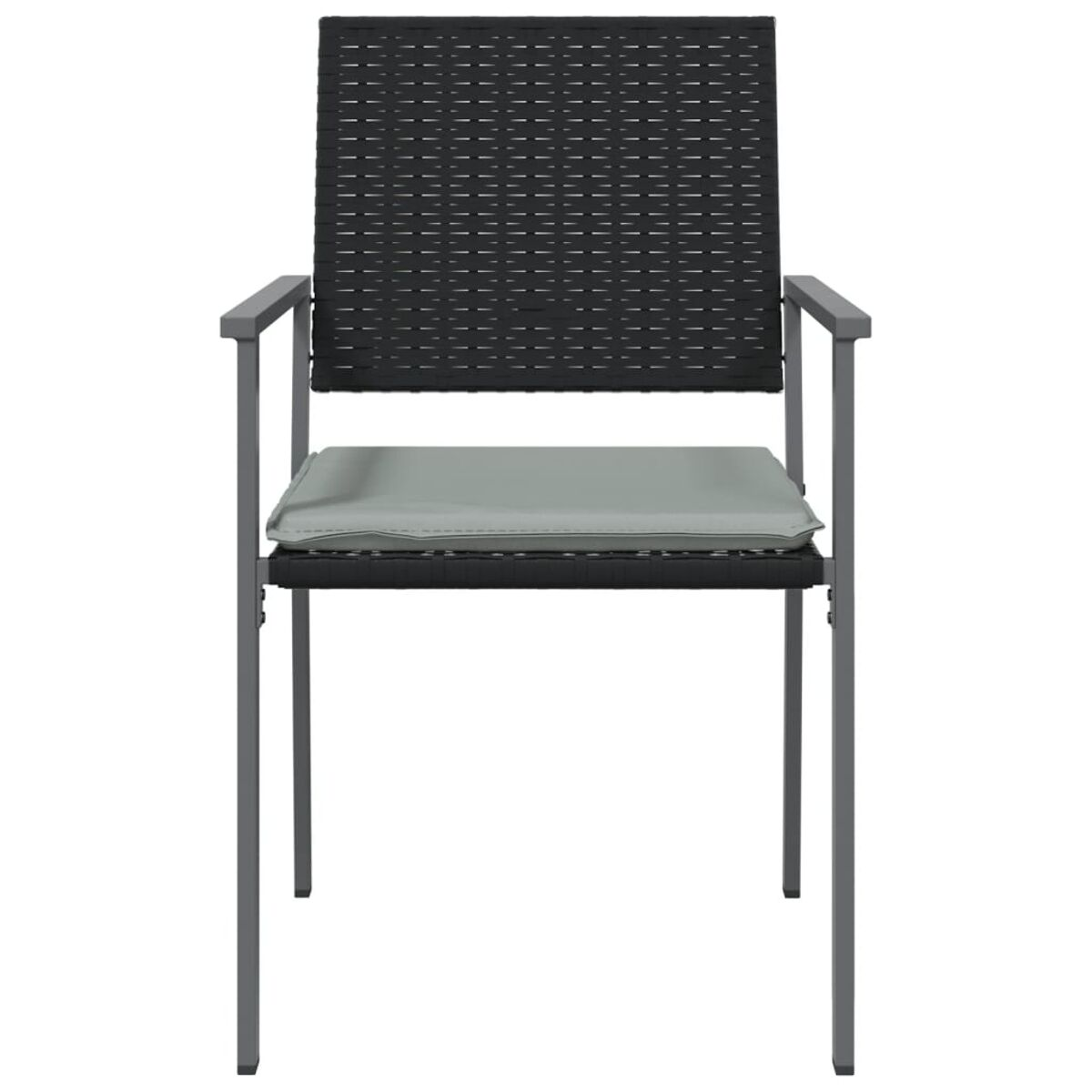 Schwarzer Stuhl mit grauem Sitzkissen und grauen Metallbeinen.