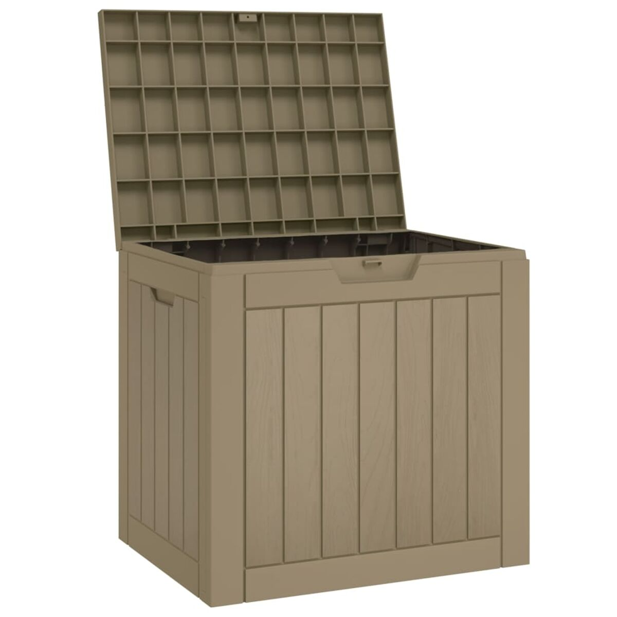 Eine hellbraune Outdoor-Aufbewahrungsbox mit offenem Deckel. Die Box hat vertikale Holzpaneele.