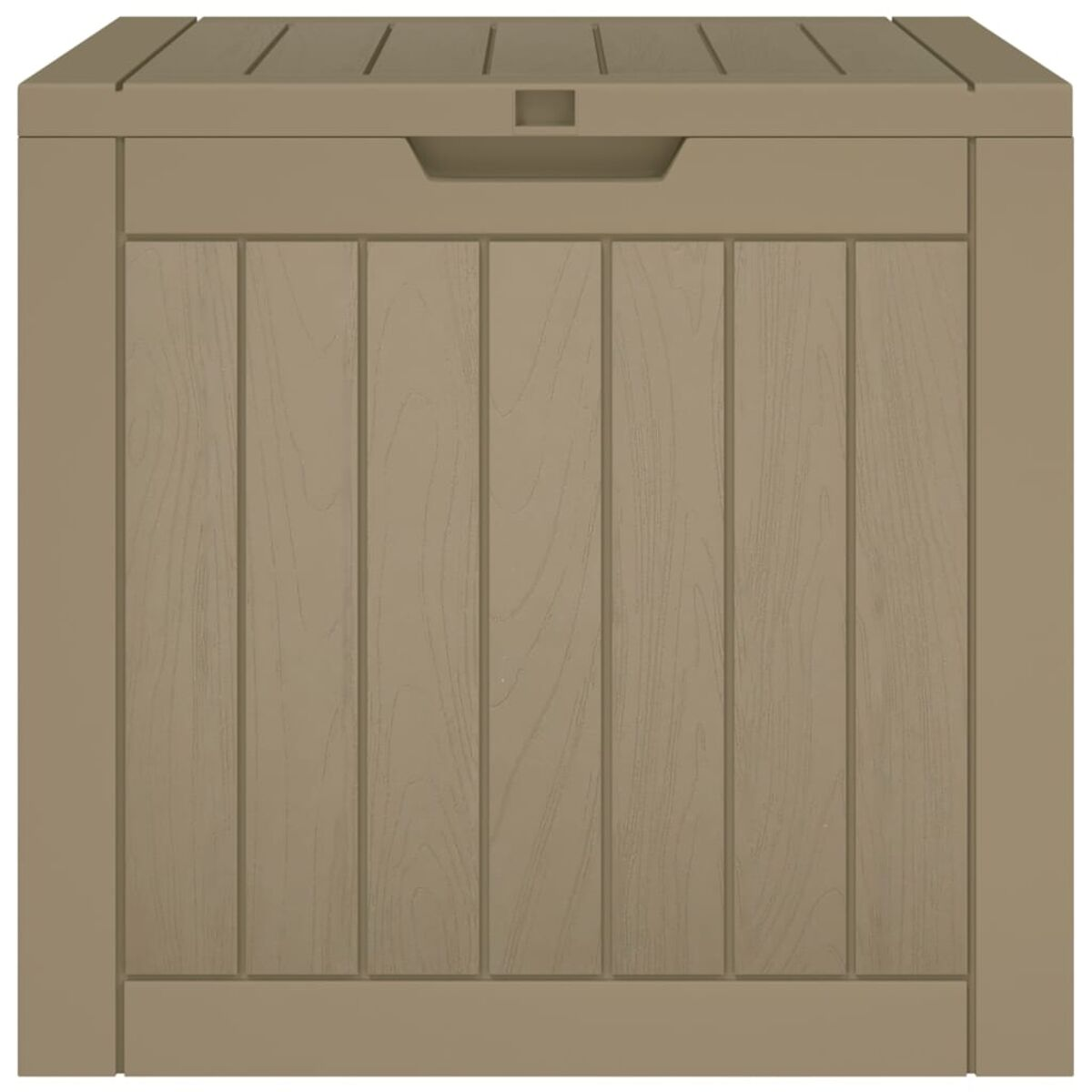 Hellbraune Outdoor-Aufbewahrungsbox mit vertikalem Paneeldesign auf der Vorderseite, isoliert auf Weiß.