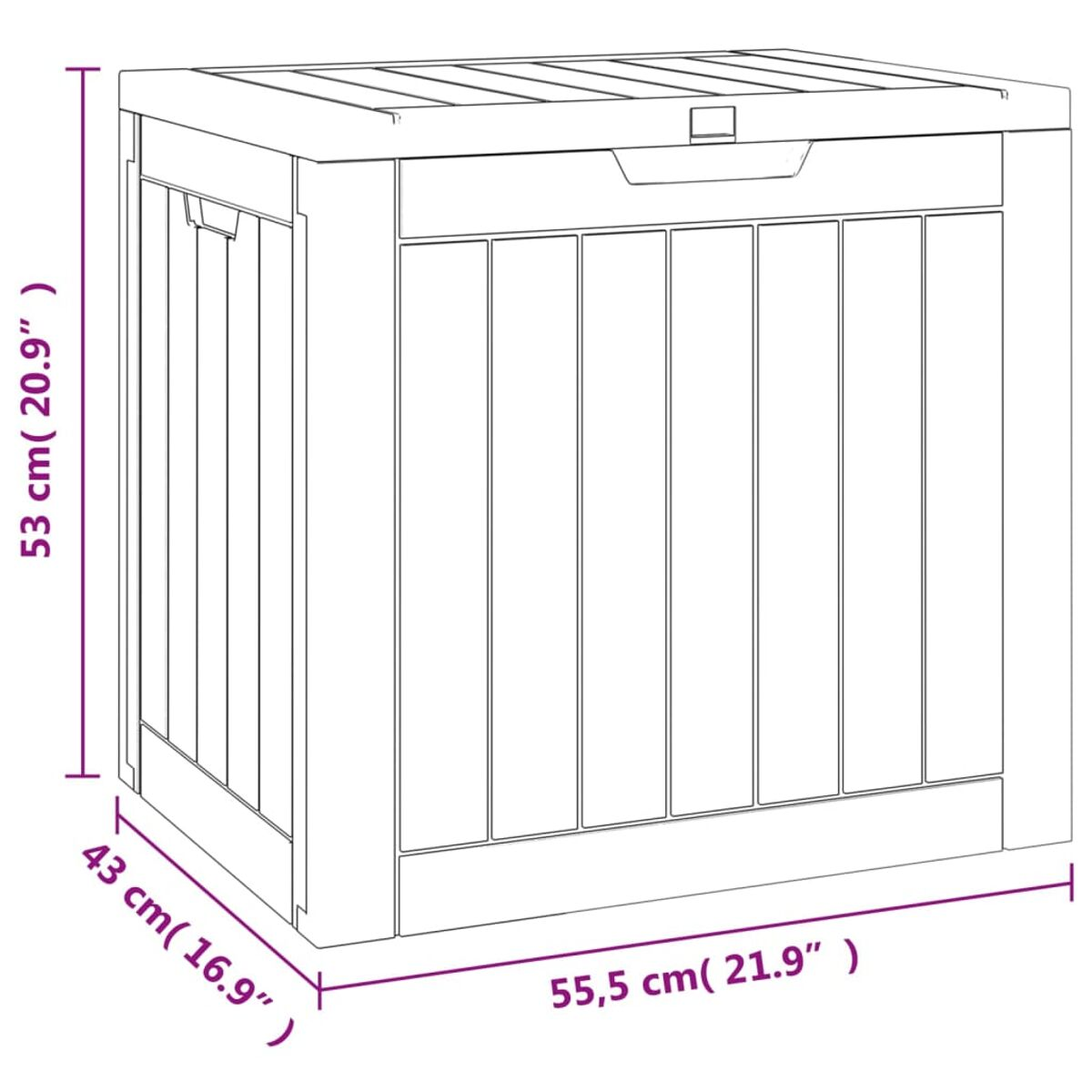Graue rechteckige Outdoor-Aufbewahrungsbox mit cm-Maßen, vor weißem Hintergrund.