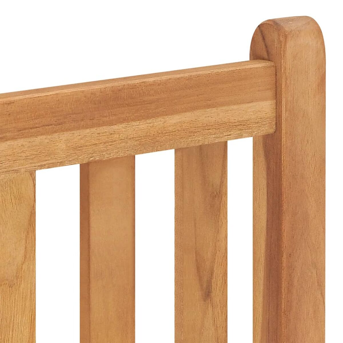 Nahaufnahme von Holzlatten und einer oberen Schiene. Das Holz hat einen warmen Farbton.