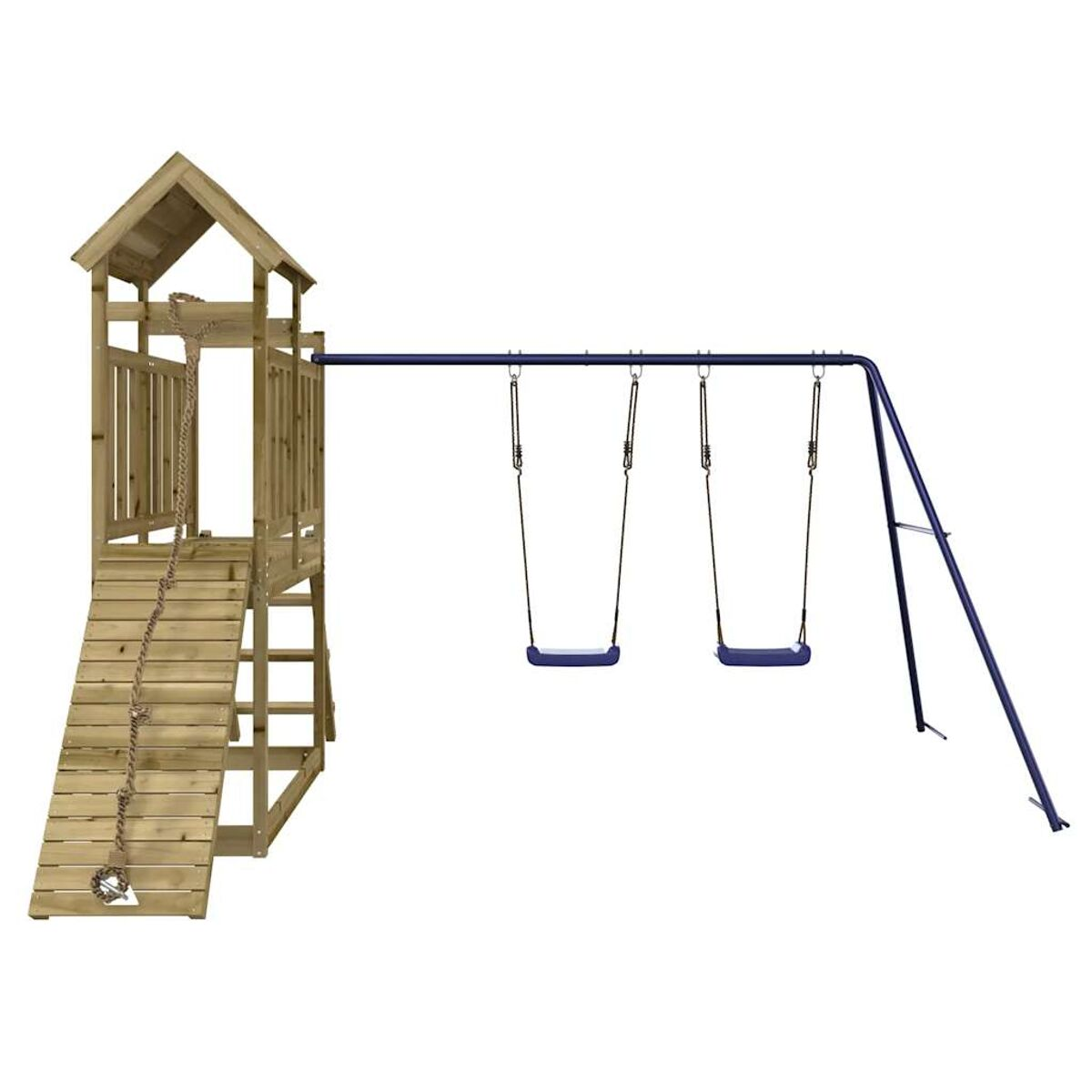 Holzspielplatz mit Rutsche, Leiter, Seil und Schaukeln. Er hat ein kleines Dach.