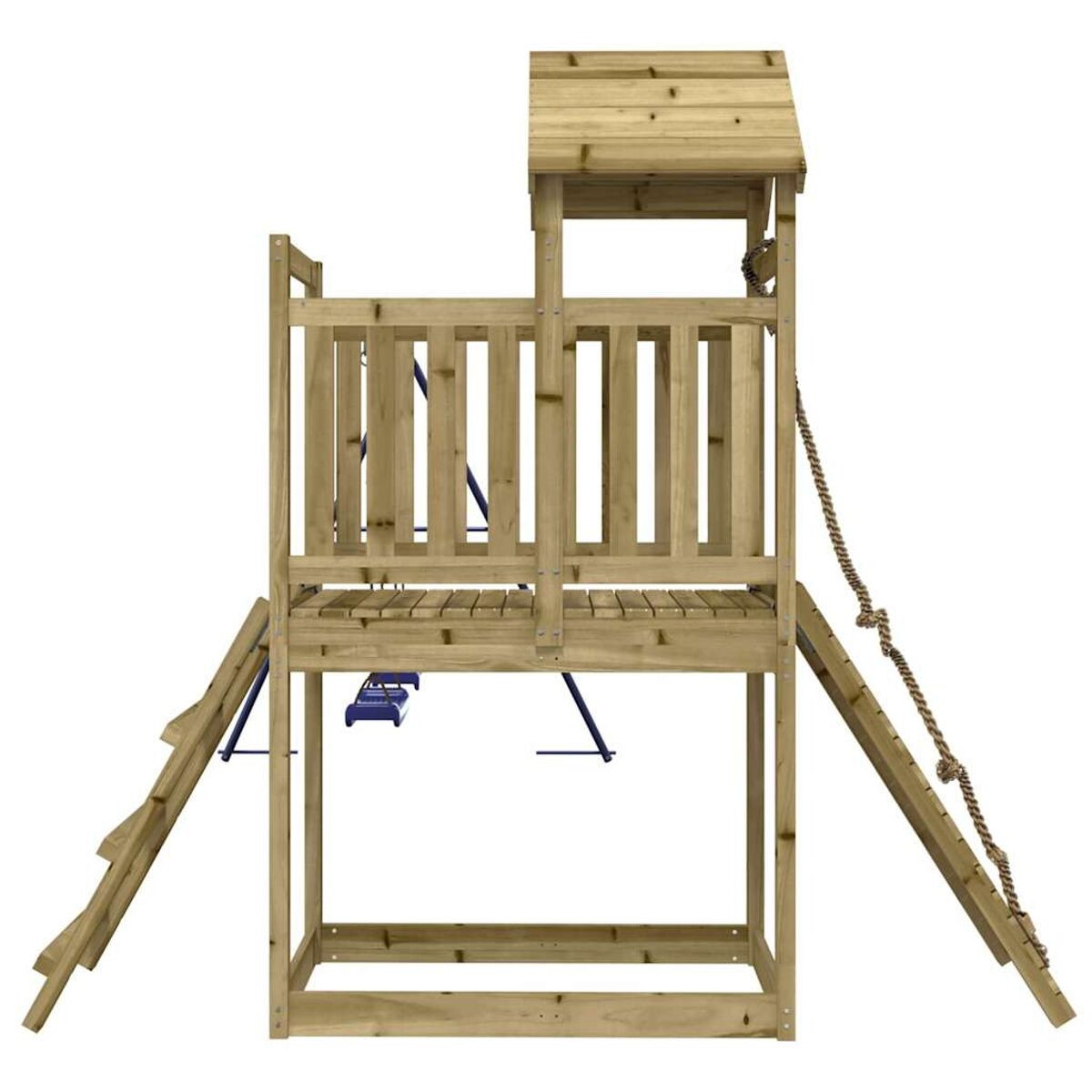 Holzspielplatz mit Leiter, Rutsche und Seil. Verfügt über eine Plattform und ein Dach. Isoliert auf weißem Hintergrund.