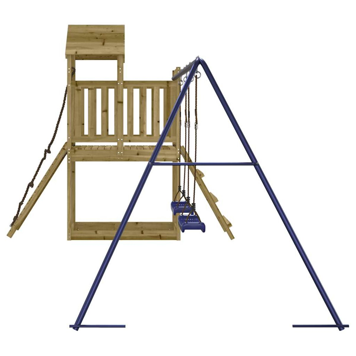 Spielplatz aus Holz mit Schaukeln und Leiter. Blaue Stützbalken. Weißer Hintergrund.