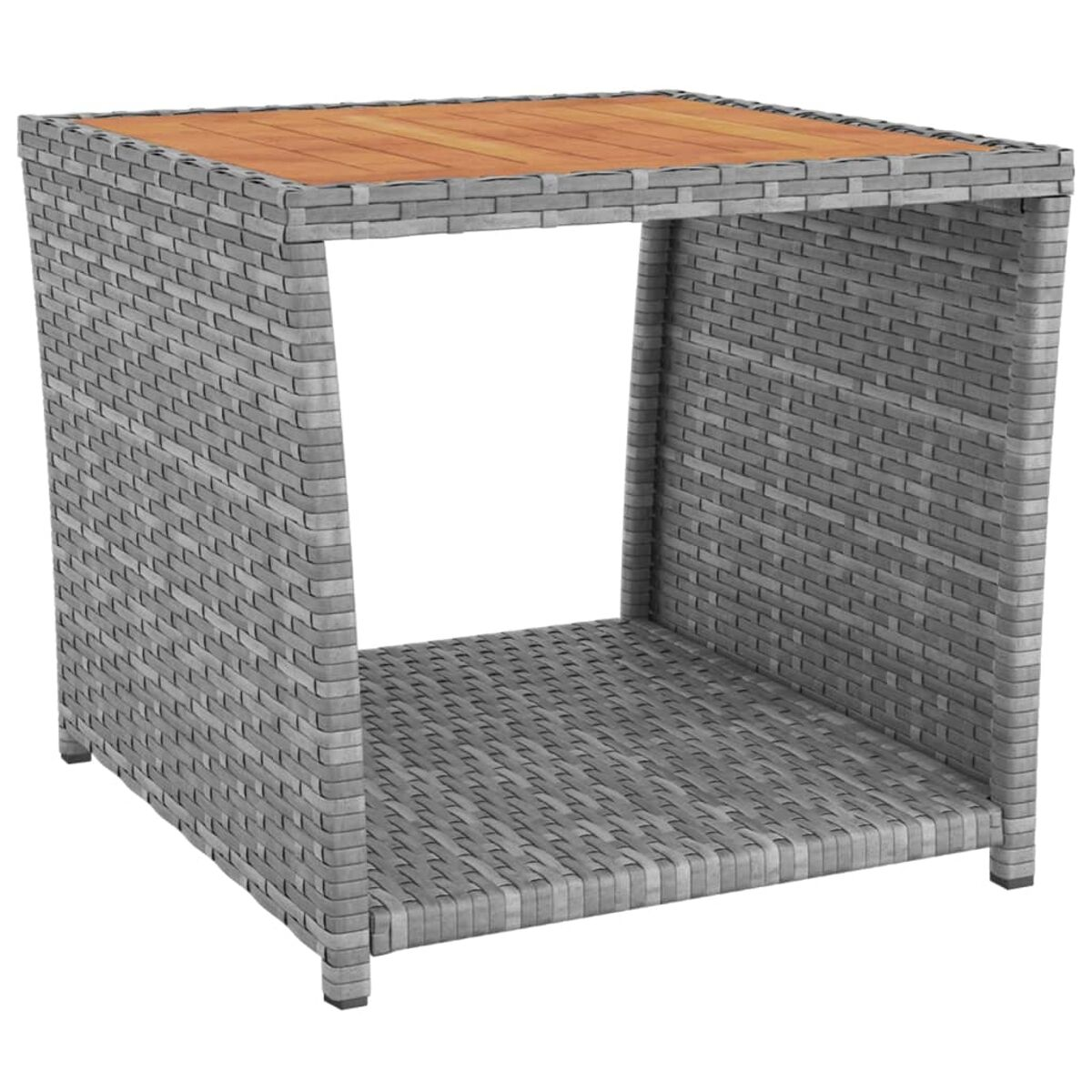 Grauer Beistelltisch aus Korbgeflecht mit Holzplatte. Quadratische Form und offene Basis.