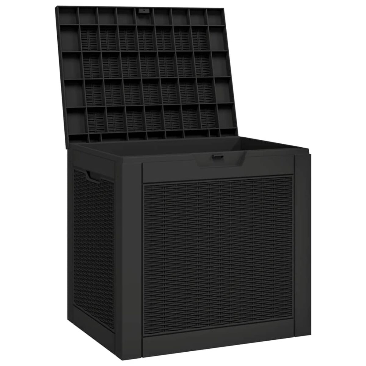 Schwarze Outdoor-Aufbewahrungsbox mit offenem Deckel, mit gewebtem Design.