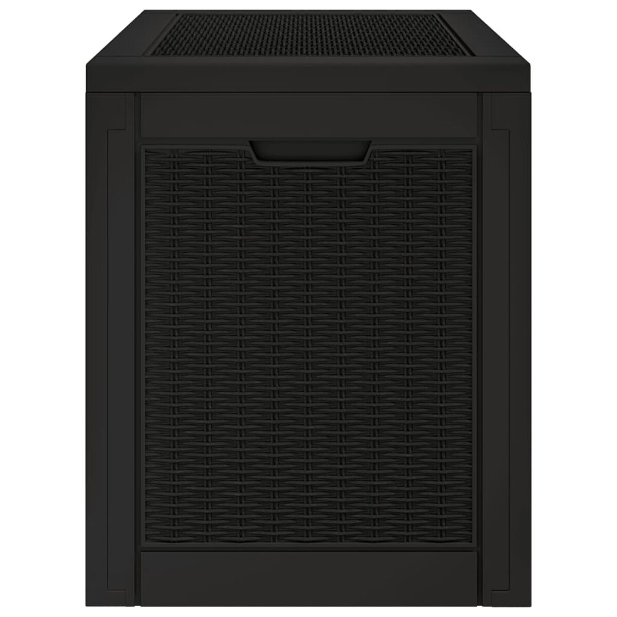 Schwarze Outdoor-Aufbewahrungsbox mit gewebtem Muster auf der Vorderseite.