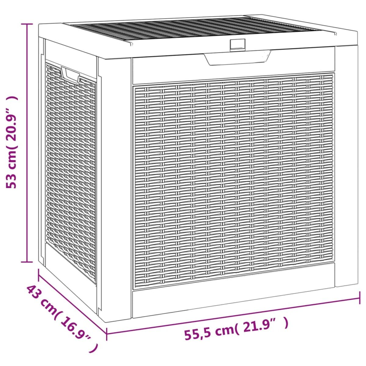Große Outdoor-Aufbewahrungsbox mit Deckel. Korbmuster, rechteckige Form.
