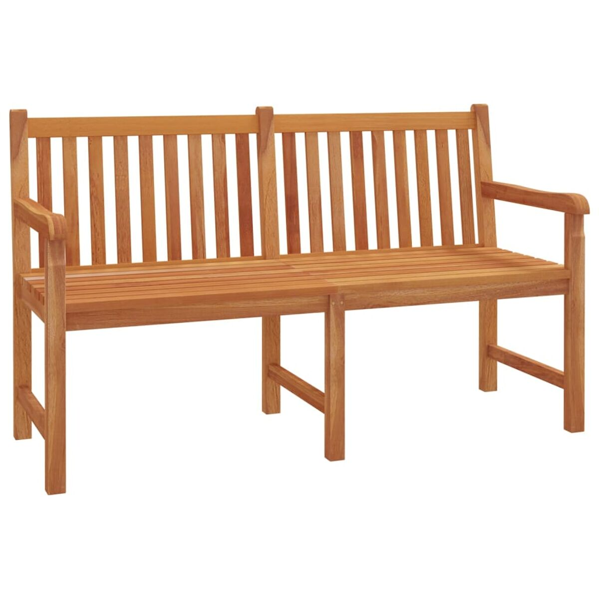 Eine lange, braune Holzbank mit Armlehnen.