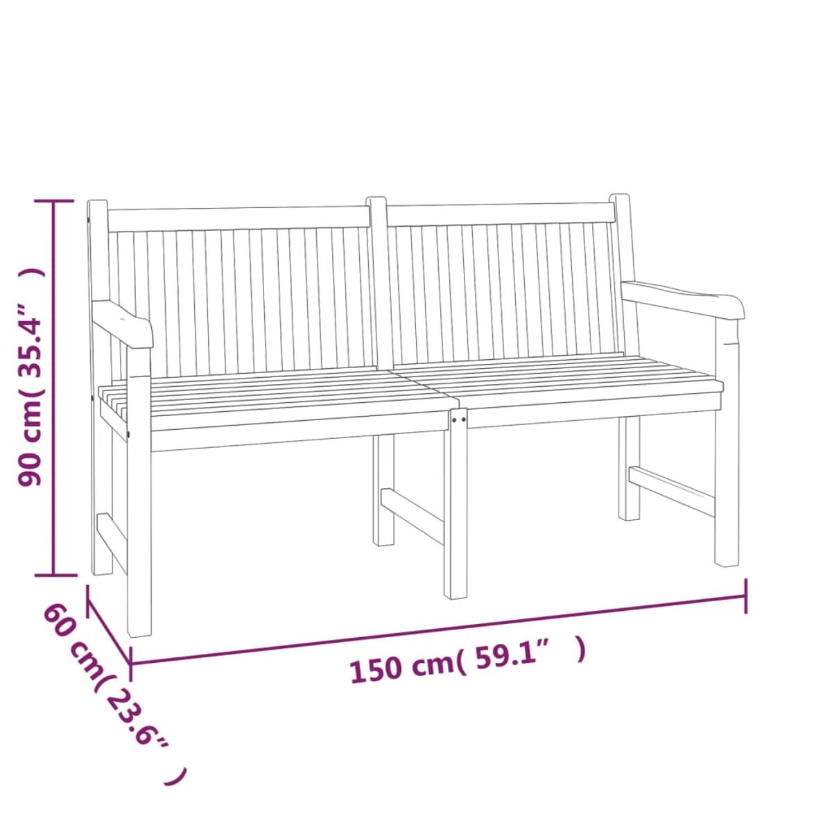 Ein Diagramm einer Holzbank mit Abmessungen in cm und Zoll.