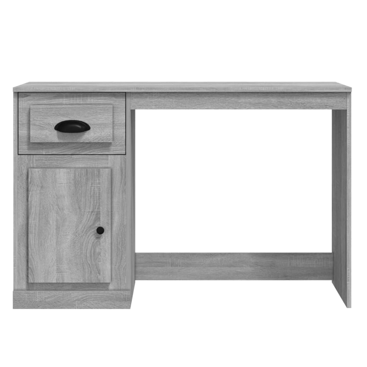 Grauer Holzschreibtisch mit Schublade und Schrank. Schwarzer Griff, Holzmaserung.