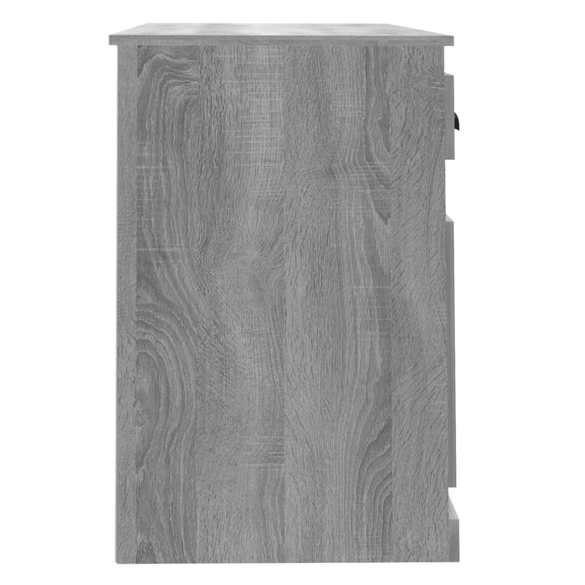 Ein grauer Holzschrank, von der Seite betrachtet, mit Holzmaserung und ein paar Schubladen.