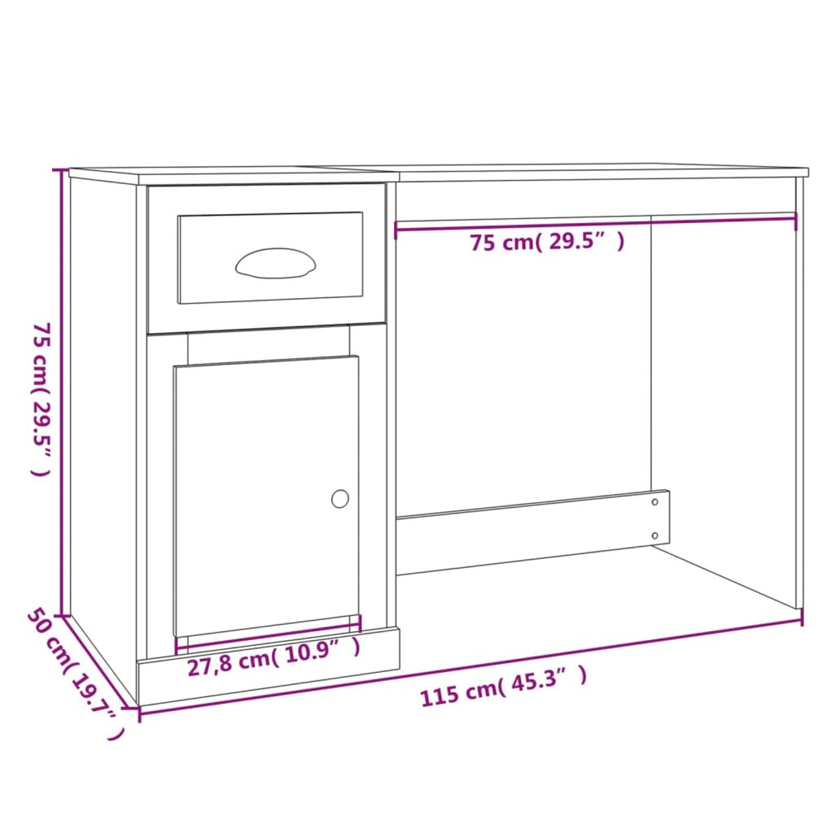 Weißer Schreibtisch mit Schrank und Schublade. Abmessungen sind beschriftet.