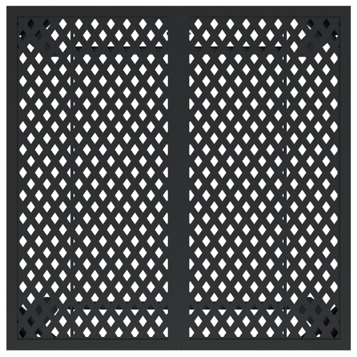 Schwarzes Metallgitter mit Rautenmuster, bietet Privatsphäre. Die Struktur steht vor weißem Hintergrund.