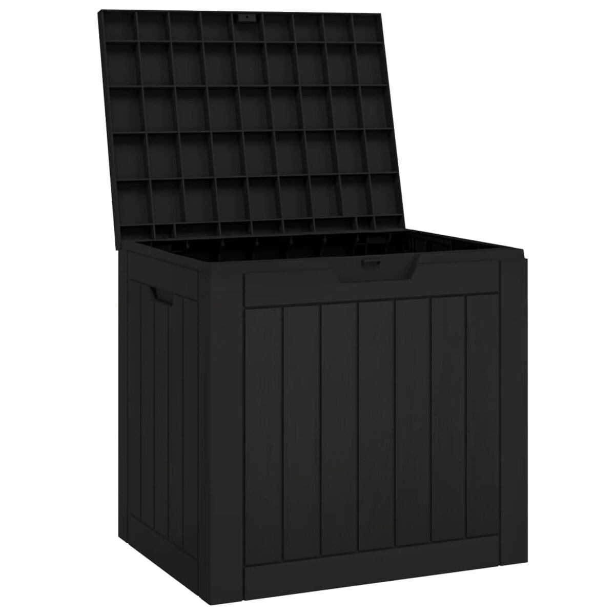 Schwarze Aufbewahrungsbox mit offenem Deckel. Vertikale Holzbretter an den Seiten. Innenraum sichtbar.