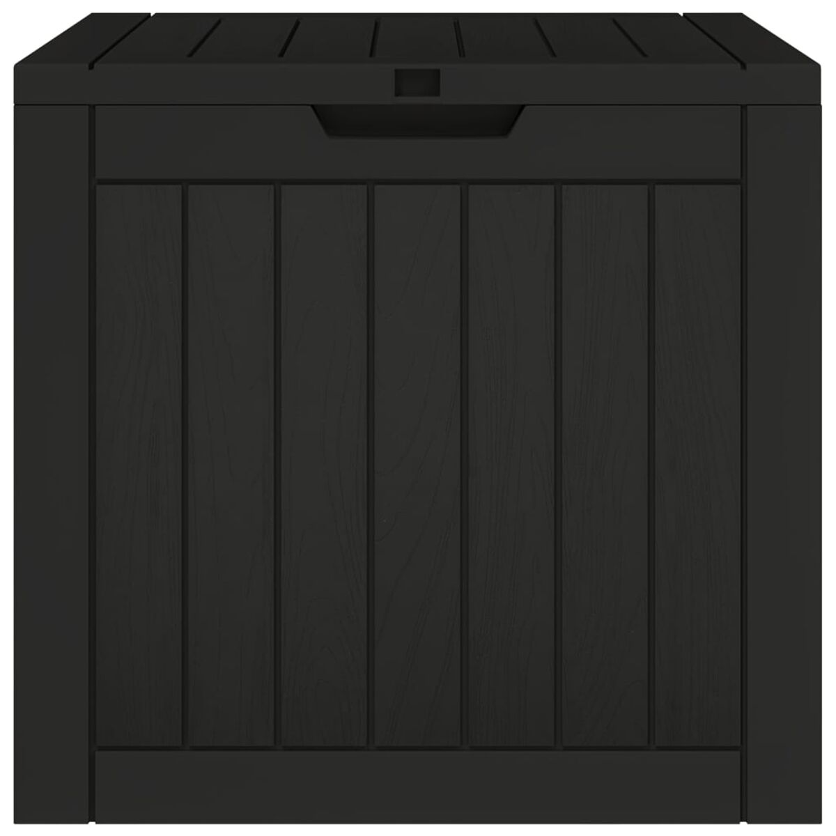 Schwarze Outdoor-Aufbewahrungsbox mit Deckel, aus vertikalen Brettern.
