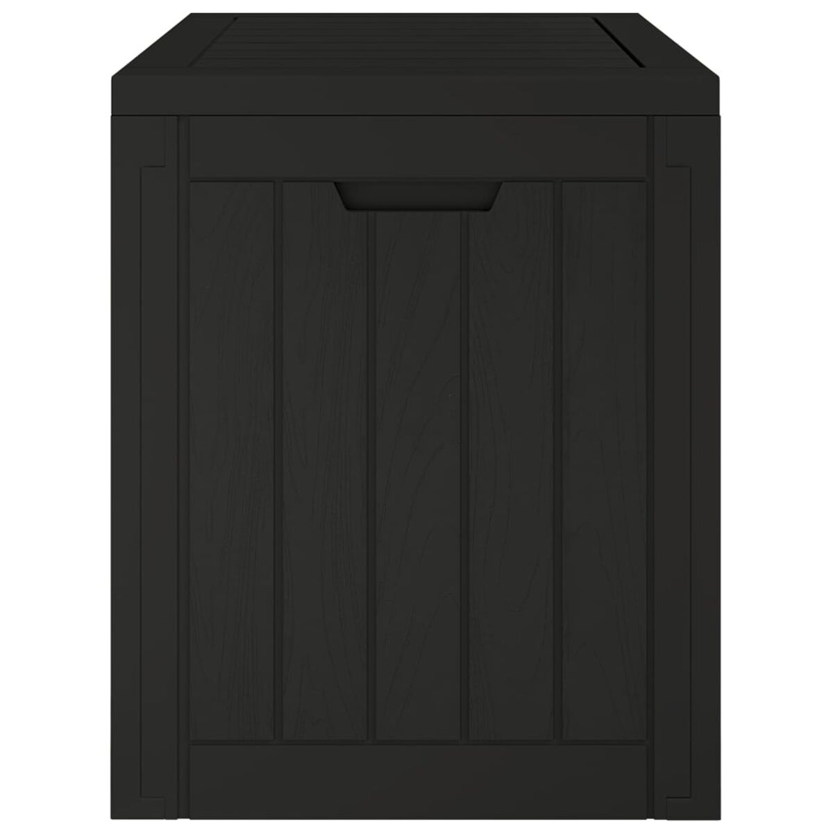 Schwarze Aufbewahrungsbox. Sie hat einen Griff an der Vorderseite und vertikale Linien.