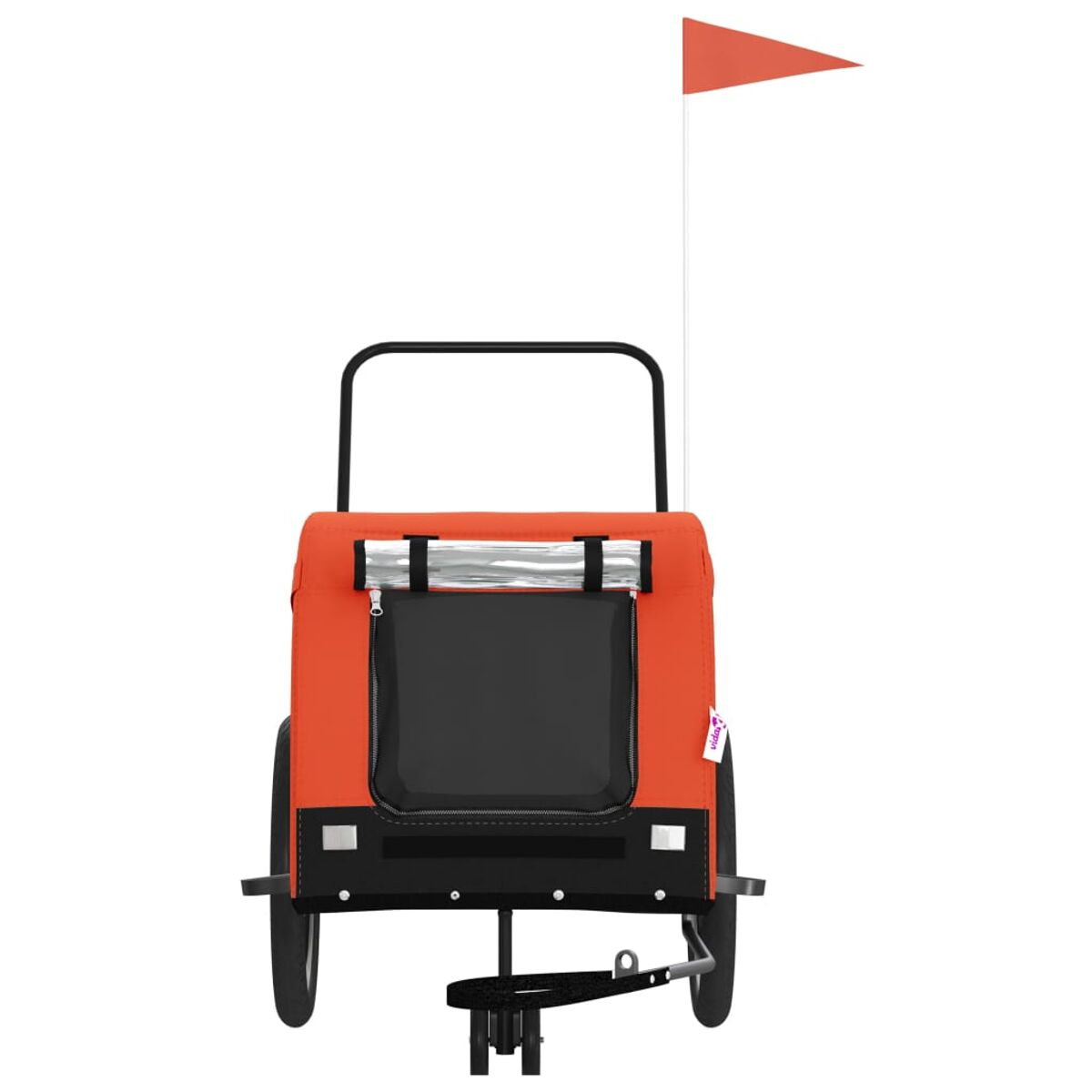 Ein orangefarbener Haustieranhänger mit einer Flagge.