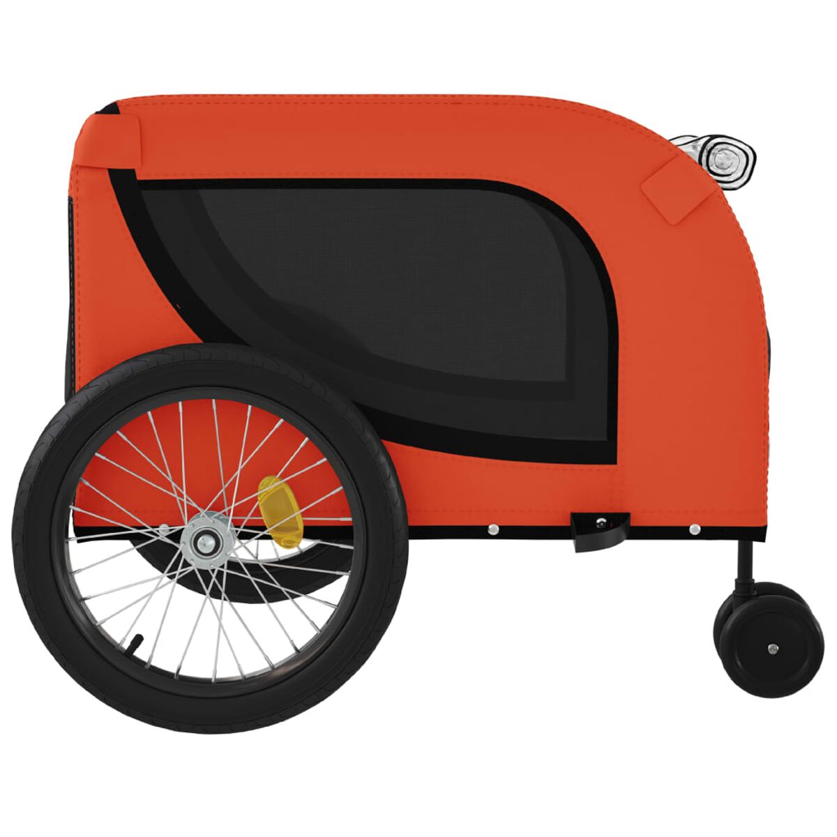 Ein orangefarbener Haustieranhänger. Er hat ein Rad und ein schwarzes Netzfenster. Das Rad ist links.