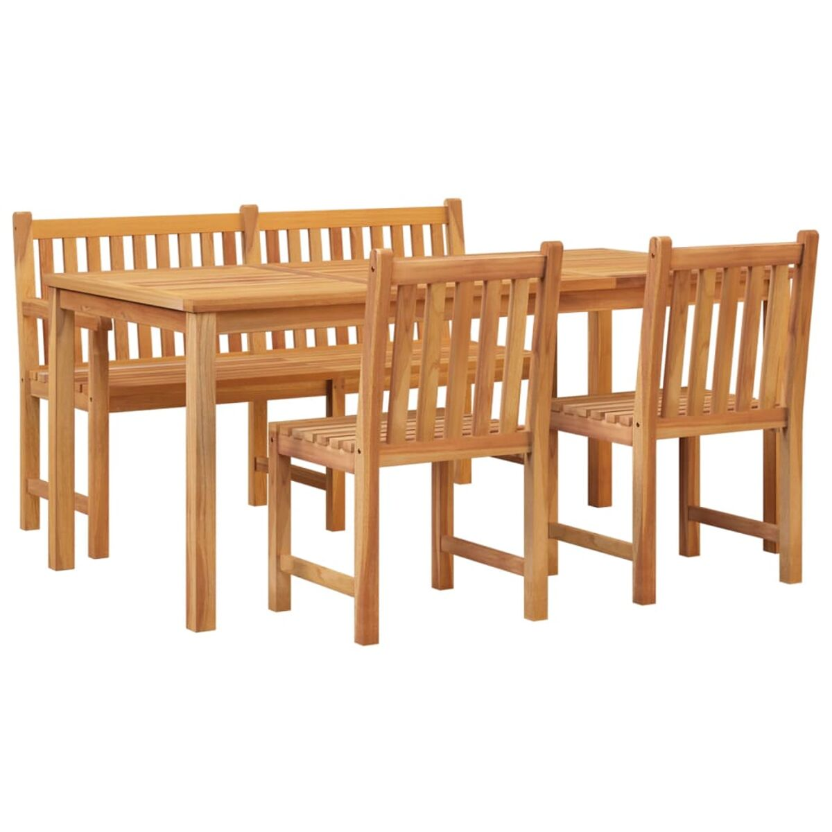 Ein Ess-Set aus Holz für den Außenbereich, mit Tisch, Bank und Stühlen.