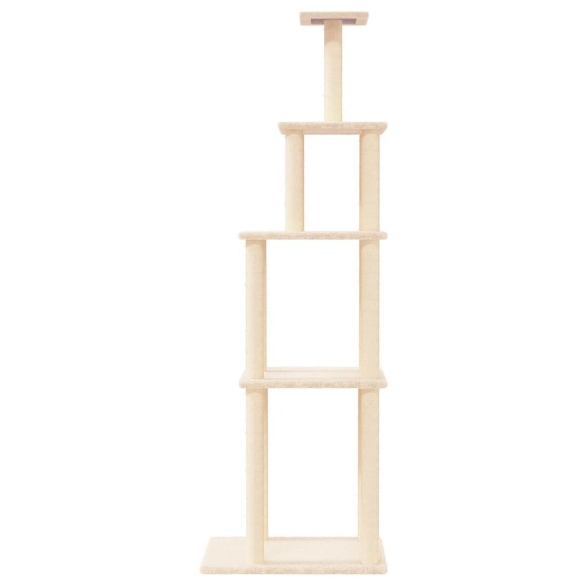 Hoher Katzenbaum mit mehreren Ebenen und einem oberen Sitzplatz. Hellbeige Farbe.