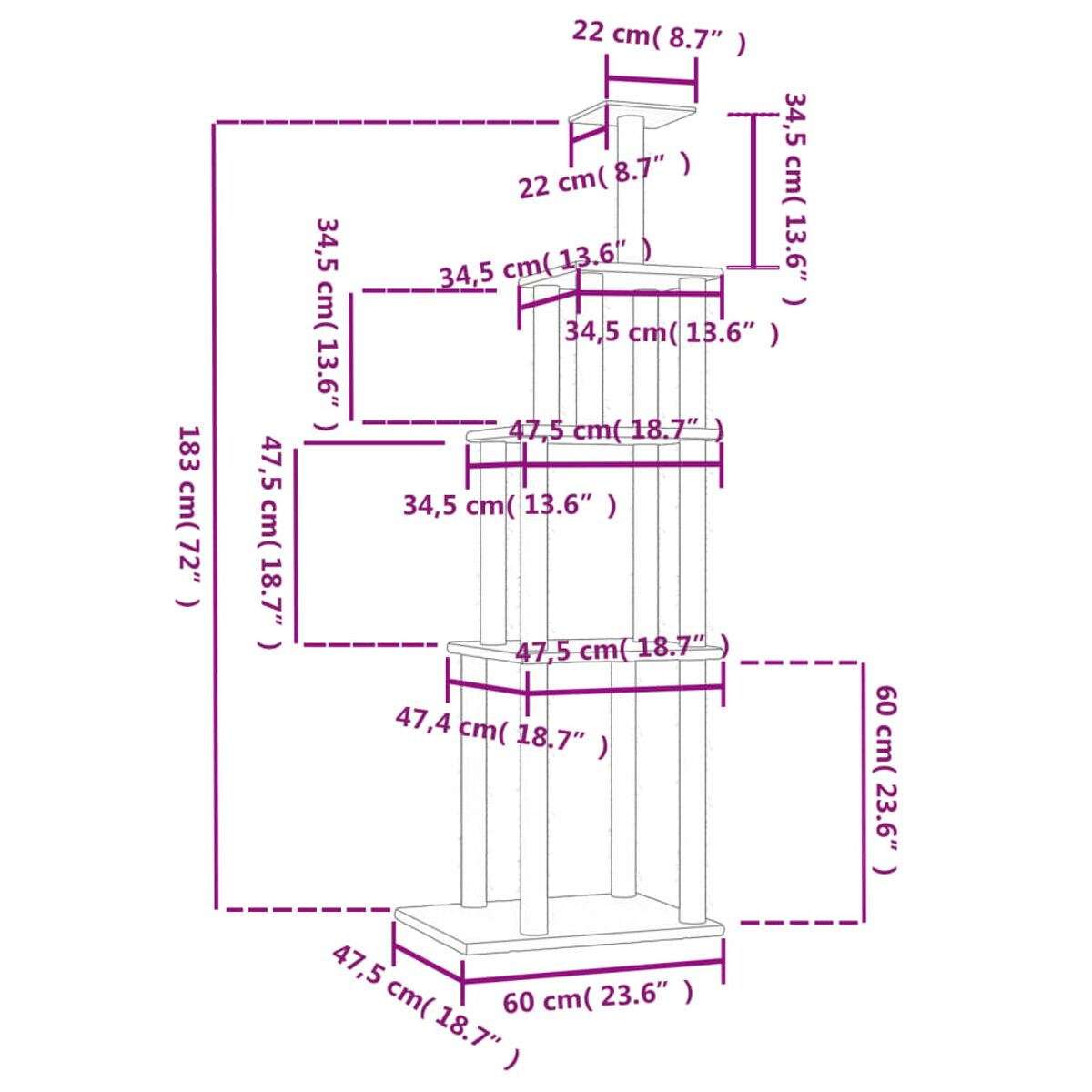 Diagramm eines Kratzbaums mit Abmessungen in cm und Zoll. Weißer Hintergrund.