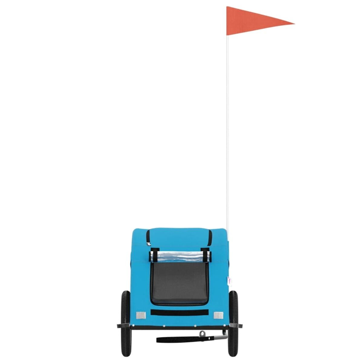 Blauer Anhänger für ein Fahrrad, mit Flagge und schwarzen Rädern, von hinten gesehen.