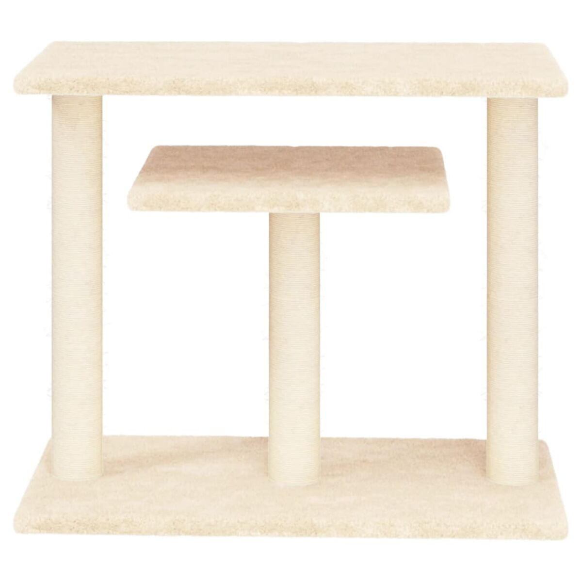 Ein Katzenbaum mit einer Plattform, einer Stufe und einem Kratzbaum, alles beige.