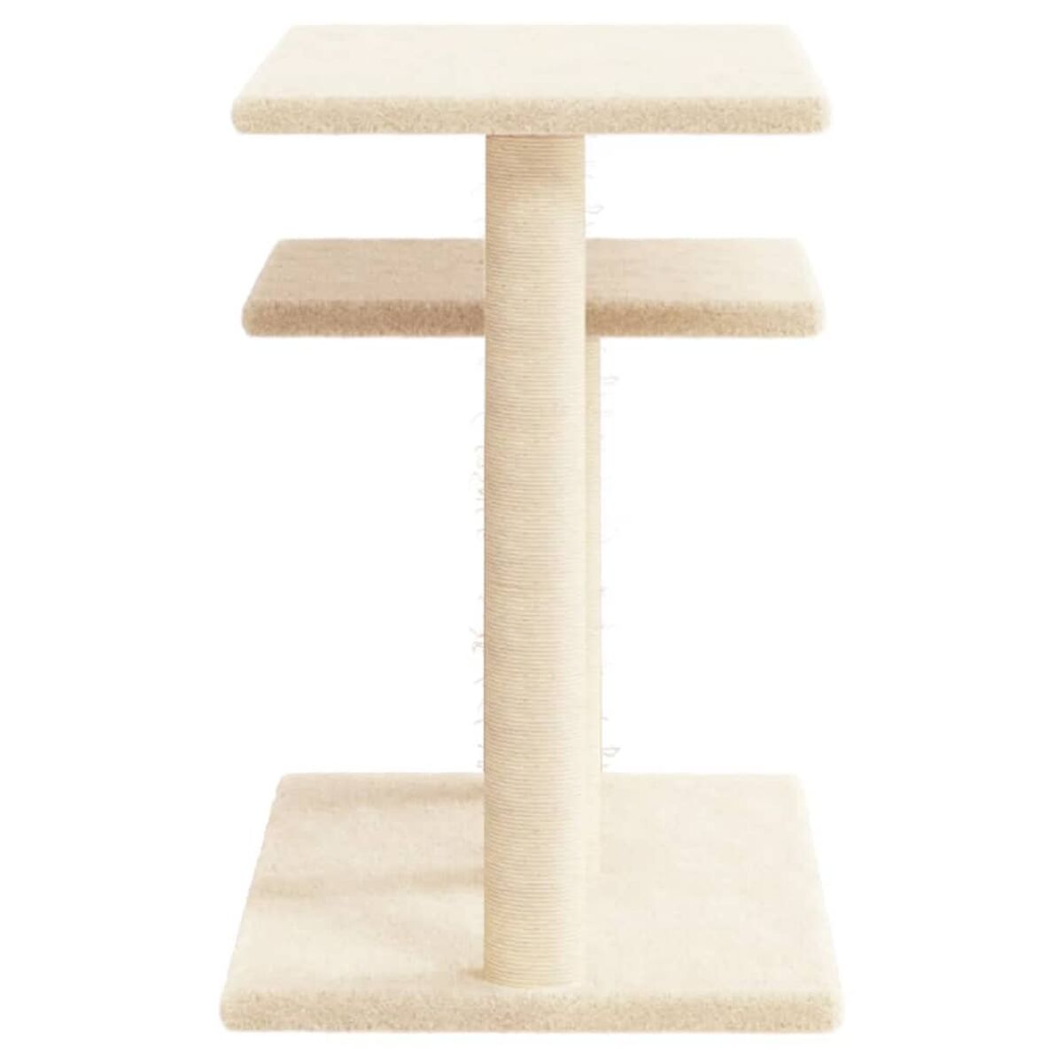 Katzenbaum mit drei Ebenen. Er hat eine beige Teppichoberfläche und einen zentralen Kratzpfosten.