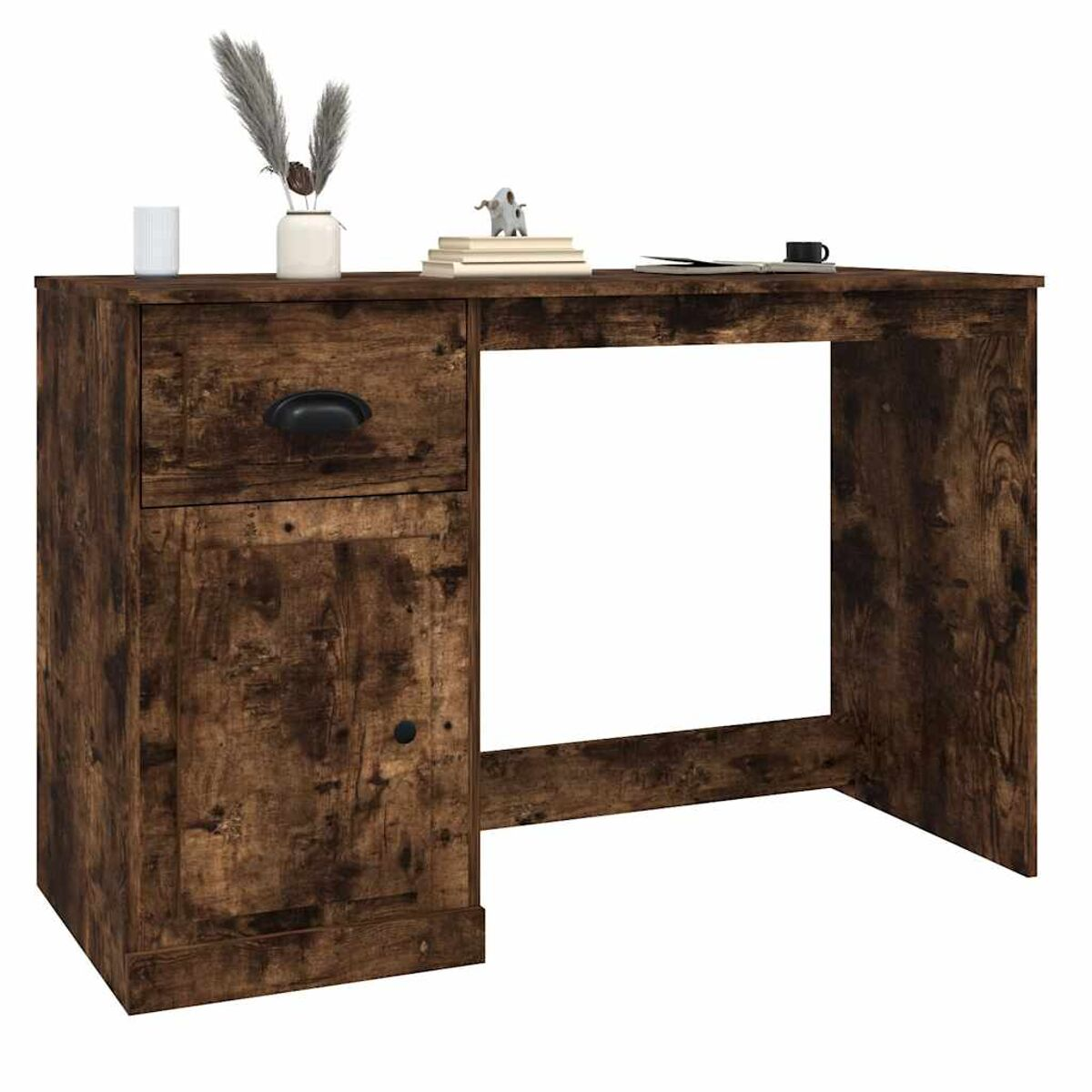 Ein Holzschreibtisch mit Schublade und Schrank, Gegenstände oben.