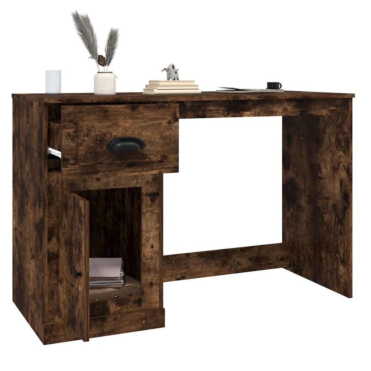 Holzschreibtisch mit offenem Stauraum und Schublade, mit Deko.