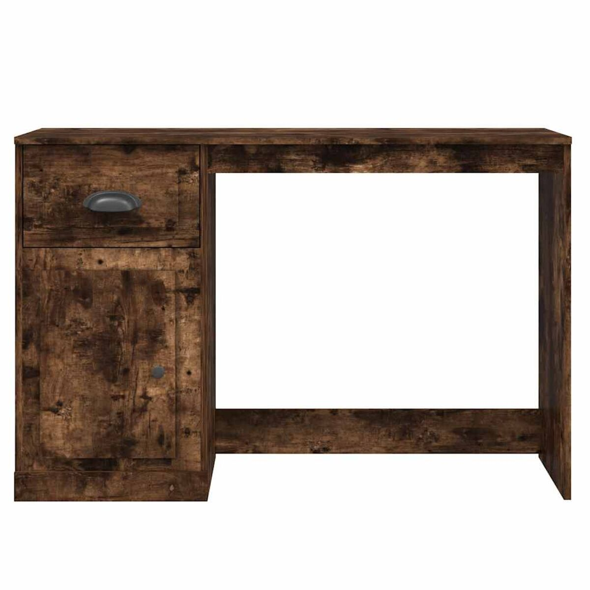 Ein Holzschreibtisch mit Schublade, Schrank und Freiraum für einen Stuhl.