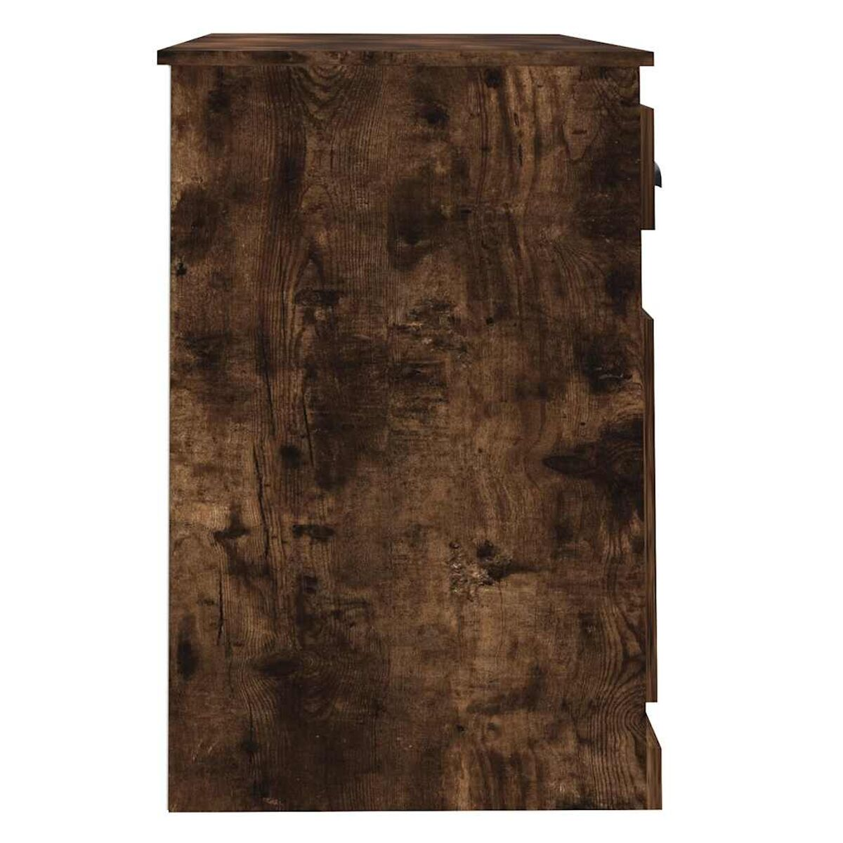 Seitenansicht eines Holzschranks mit dunkelbraunem Holzmaserungs-Finish.