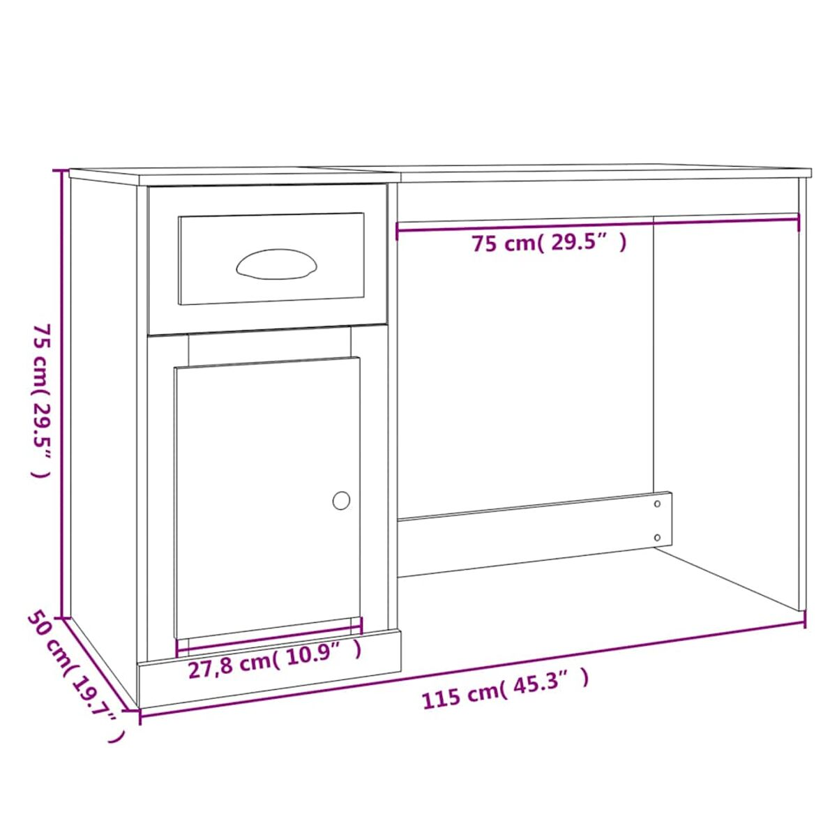 Holzschreibtisch mit Schublade und Schrank. Maße sind enthalten.