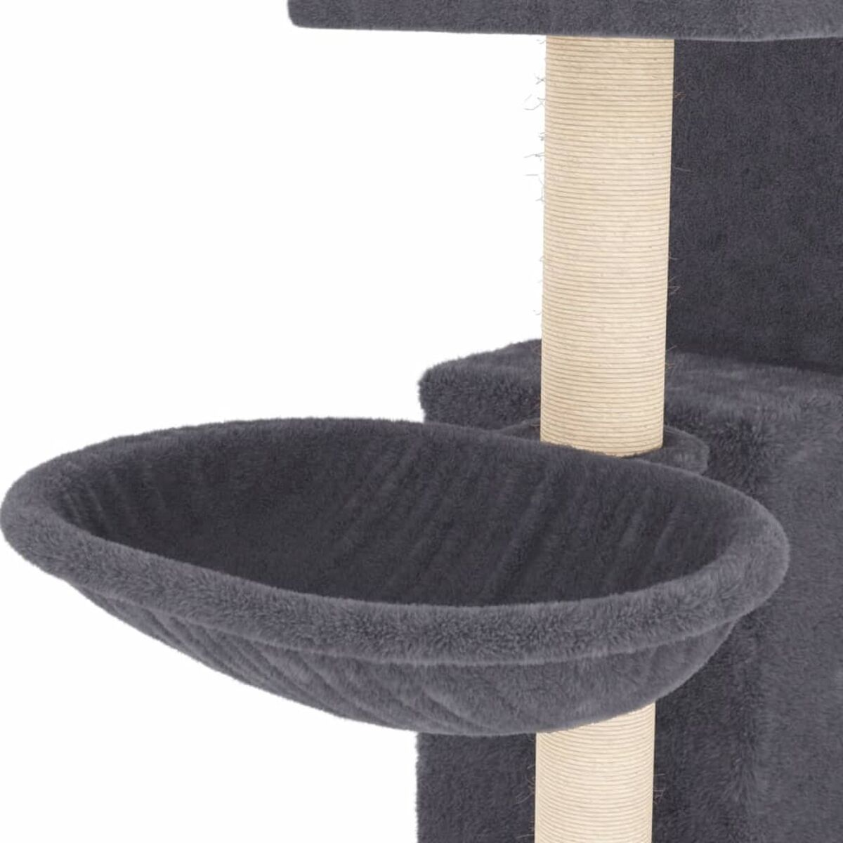 Ein grauer Katzenturm mit rundem Bett und Kratzbaum. Das Bett ist flauschig.