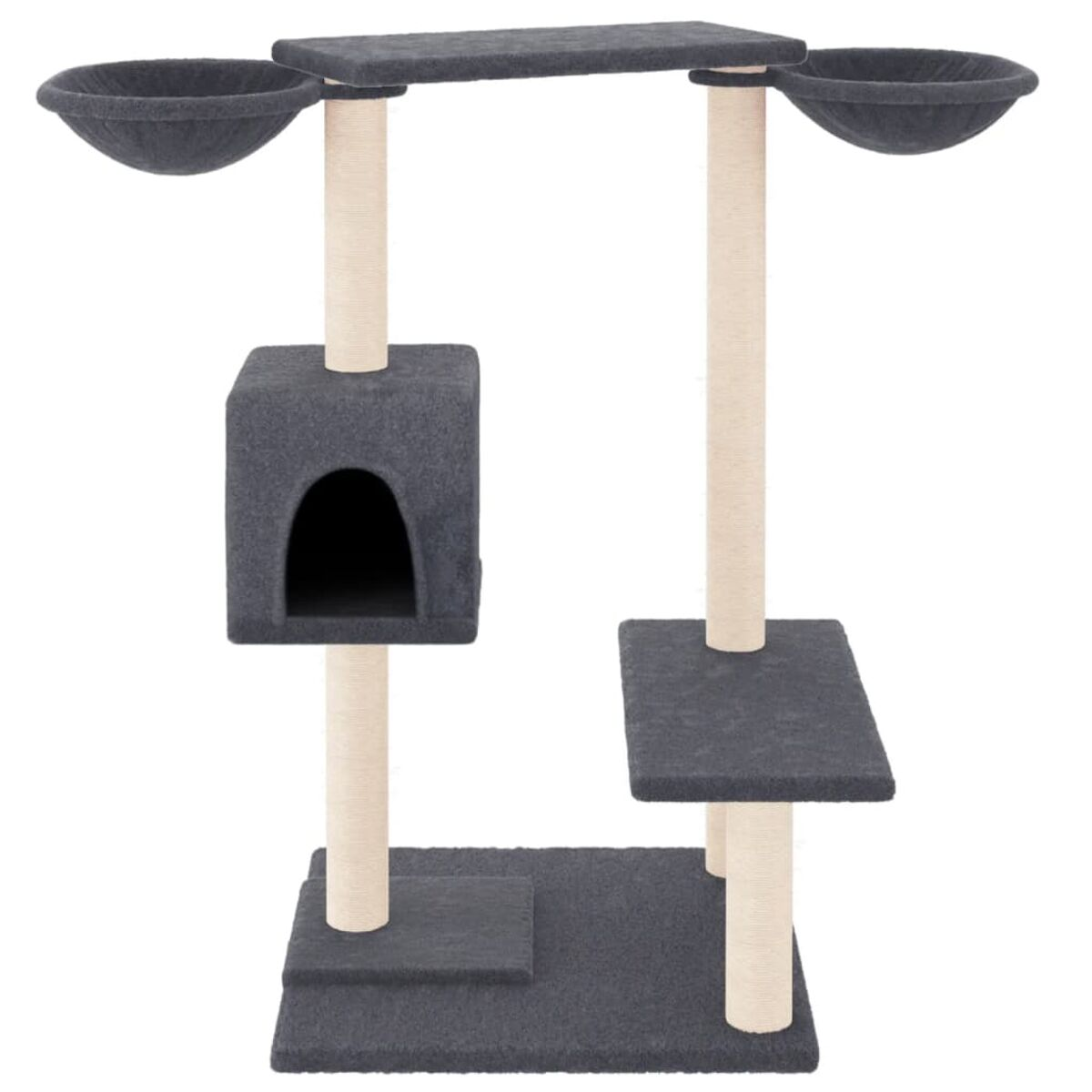 Ein Katzenbaum mit mehreren Ebenen, einer Höhle und Schalen, isoliert auf weißem Hintergrund.