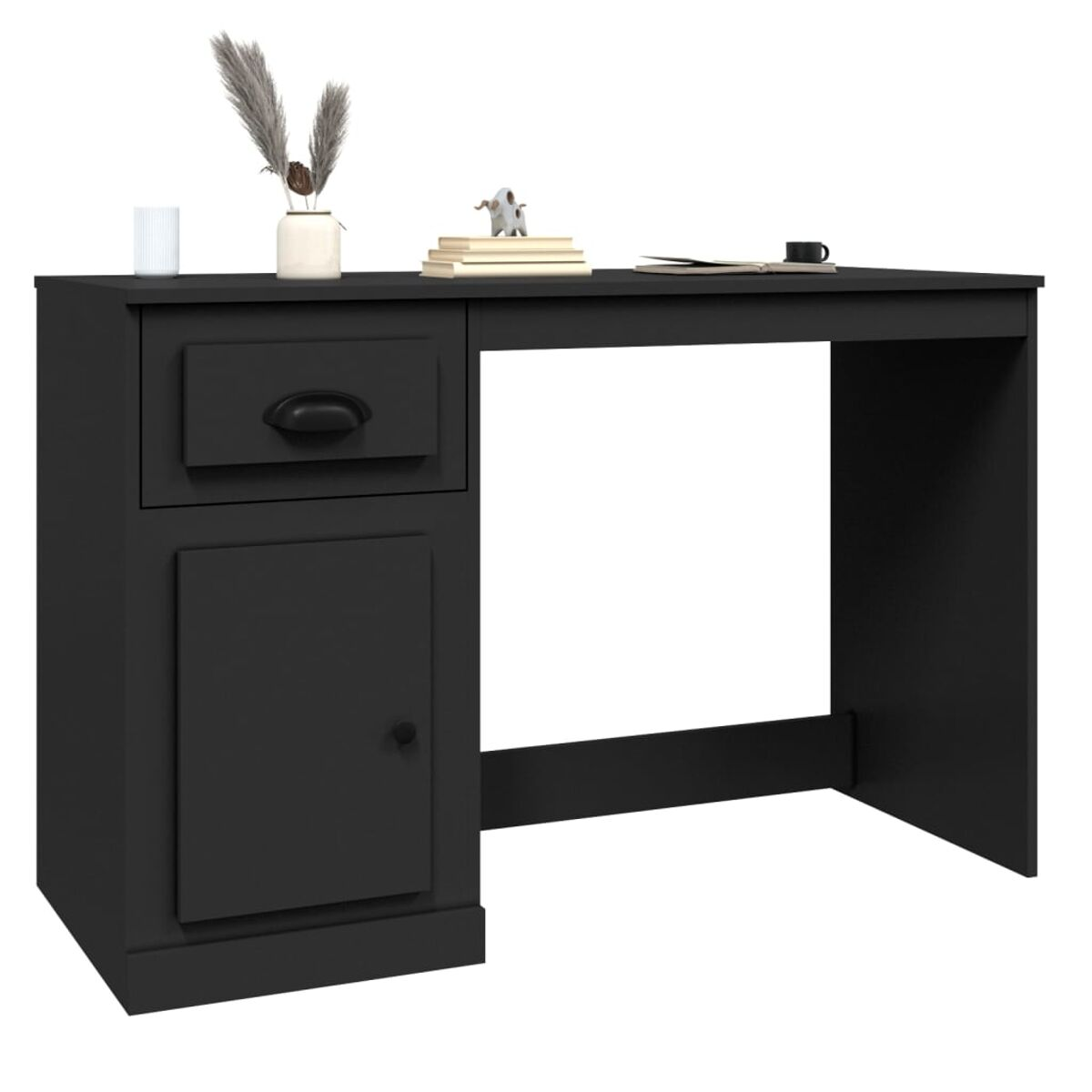 Ein schwarzer Schreibtisch mit Schublade und Schrank. Auf dem Schreibtisch liegen Gegenstände.